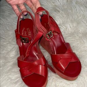Kork-Ease Red Wedge Sandals with Glossy Straps